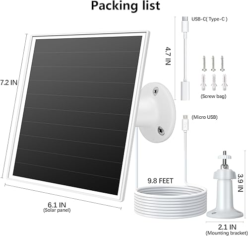 Miniatura 7 de Panel solar de 6 W para cámara de seguridad al aire libre con micro USB y puerto USB, cargador de panel solar para cámara de batería, compatible con