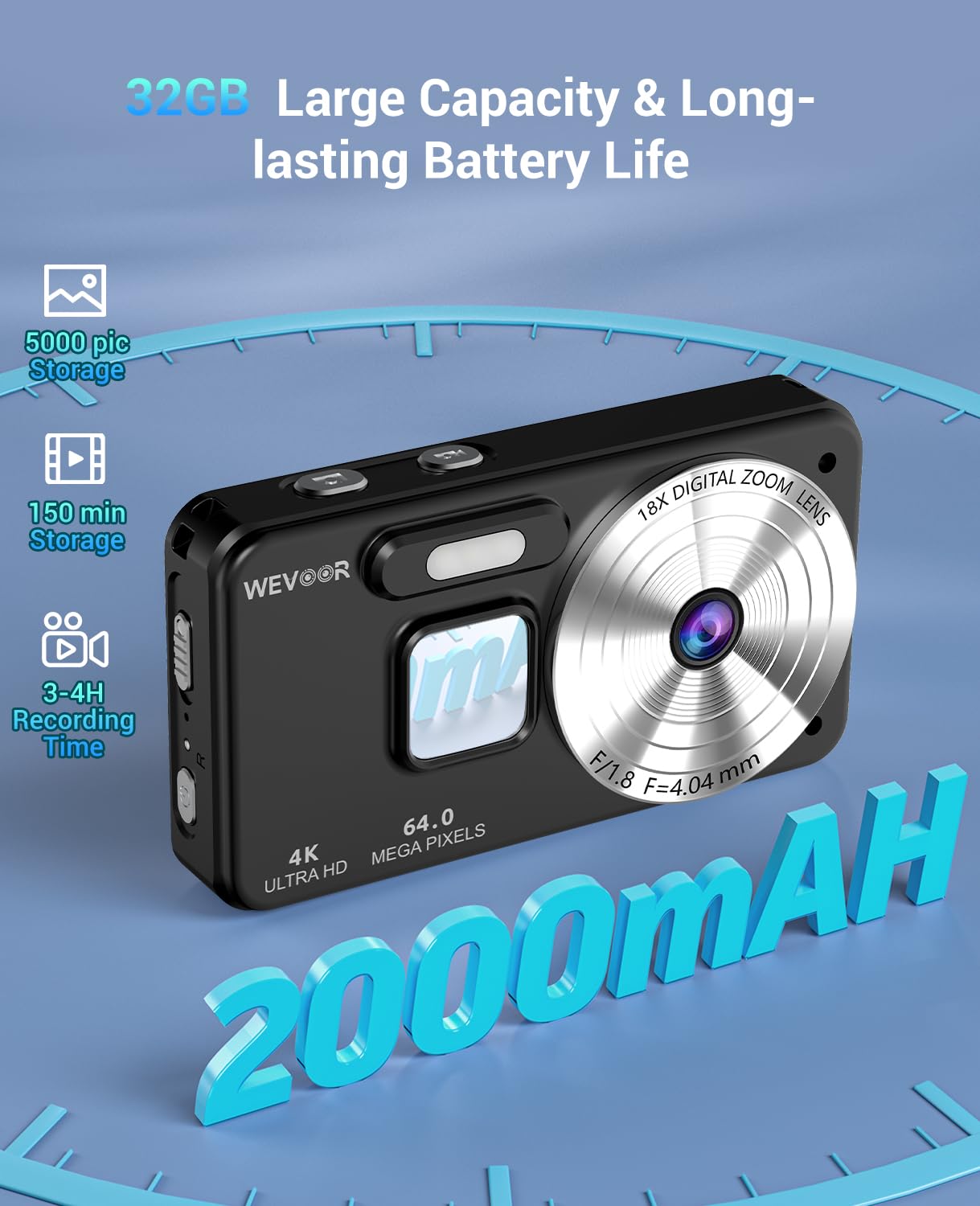 Appareil Photo Numérique 4K 64MP, Wevoor 32GB Digital Camera Compact | Écran 2,8", Autofocus, Zoom Numérique 18X, 2000mAh Batterie, Portable pour Débutants Adultes Enfants Adolescents - Noir