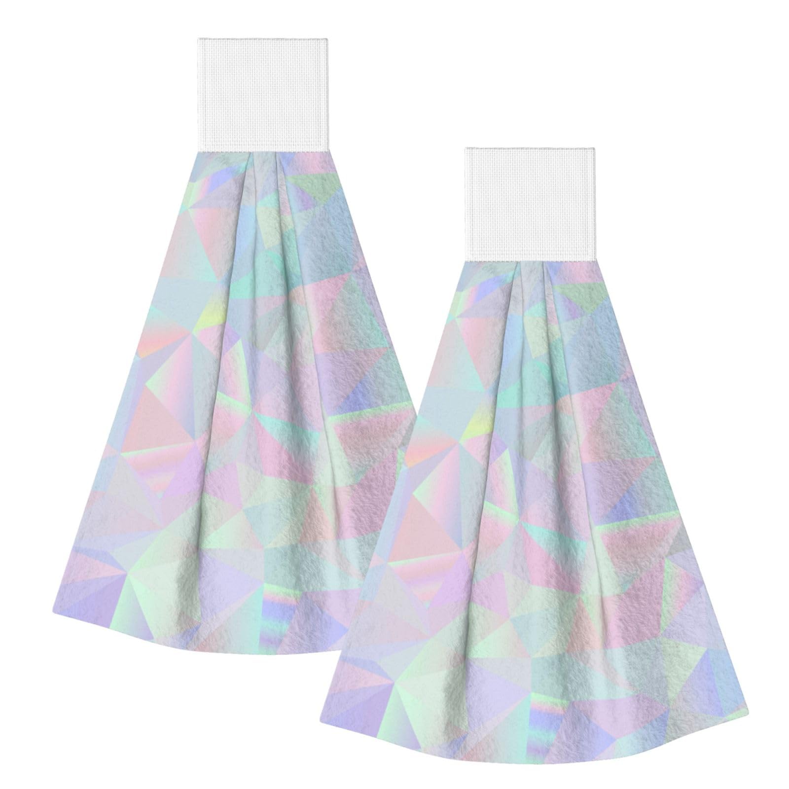 DOPKLNA Abstract Iridescent Holographic Polygonal, 2 Pcs Hanging Coral Fiber Hand Towels for Bathroom, Absorbent Kitchen Towels
