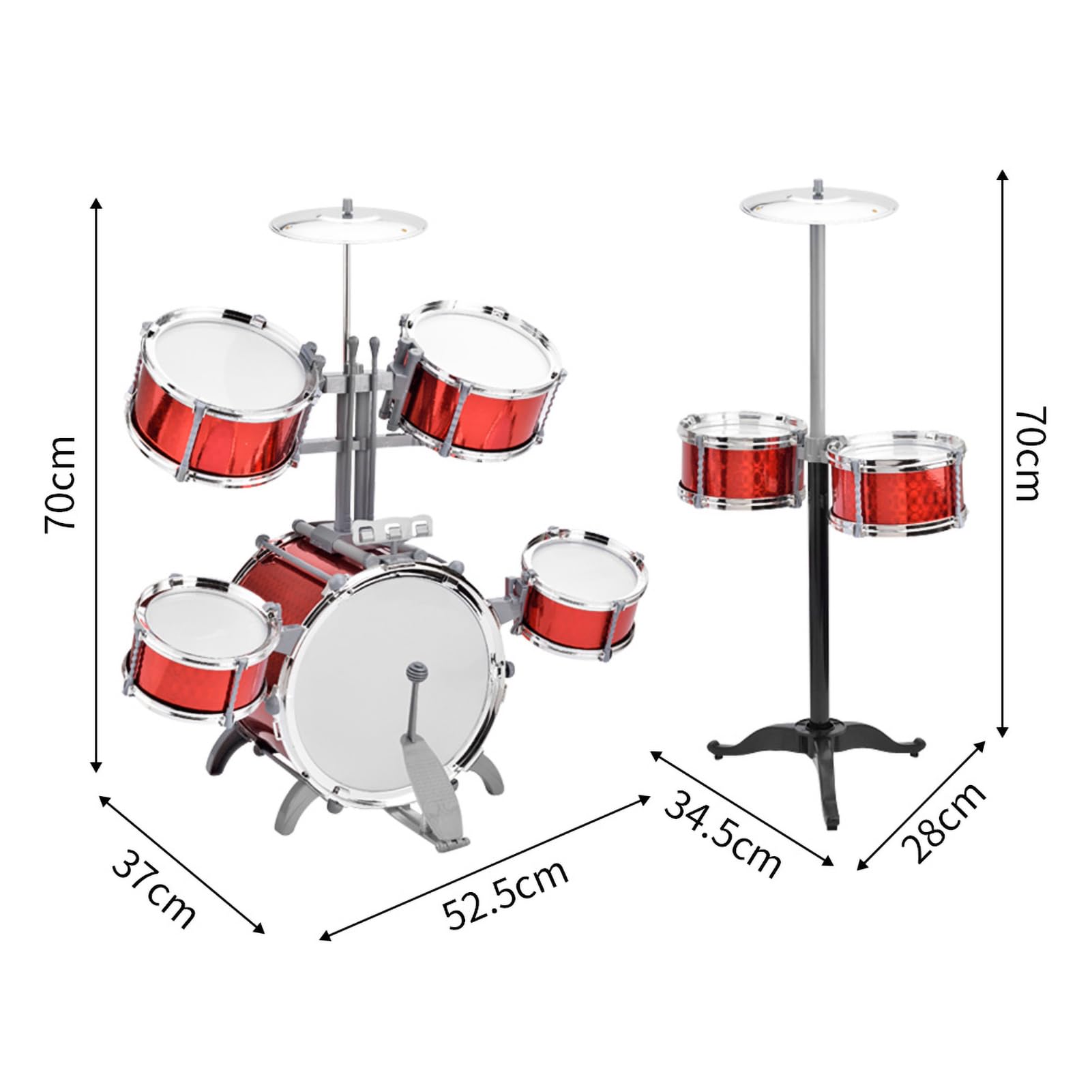 Dilwe Dynamic Addition Juego de Batería de PVC de 7 Piezas con Taburete, Construcción Engrosada para Principiantes, Juego de Instrumentos Musicales (rojo)