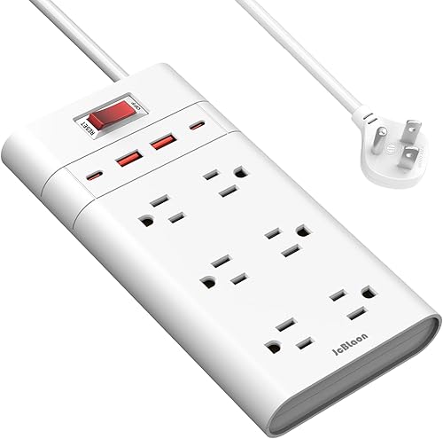 JcBlaon - Protector de sobretensión, 6 tomas de corriente ampliamente espaciadas con 4 puertos USB (2 USB C), cable de extensión de enchufe plano