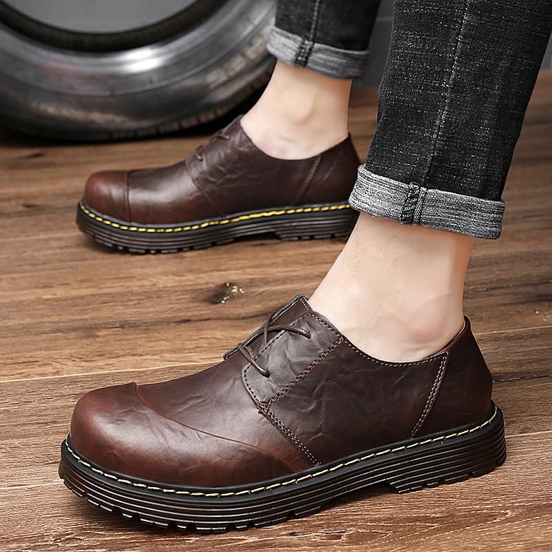 Men's Low-top Rubber Shoes Retro Oxford Shoes Low-Heeled Non-Slip wear-Resistant Comfortable Breathable Round-Toed Outdoor Casual Shoes for Men(Brown-1,9)2