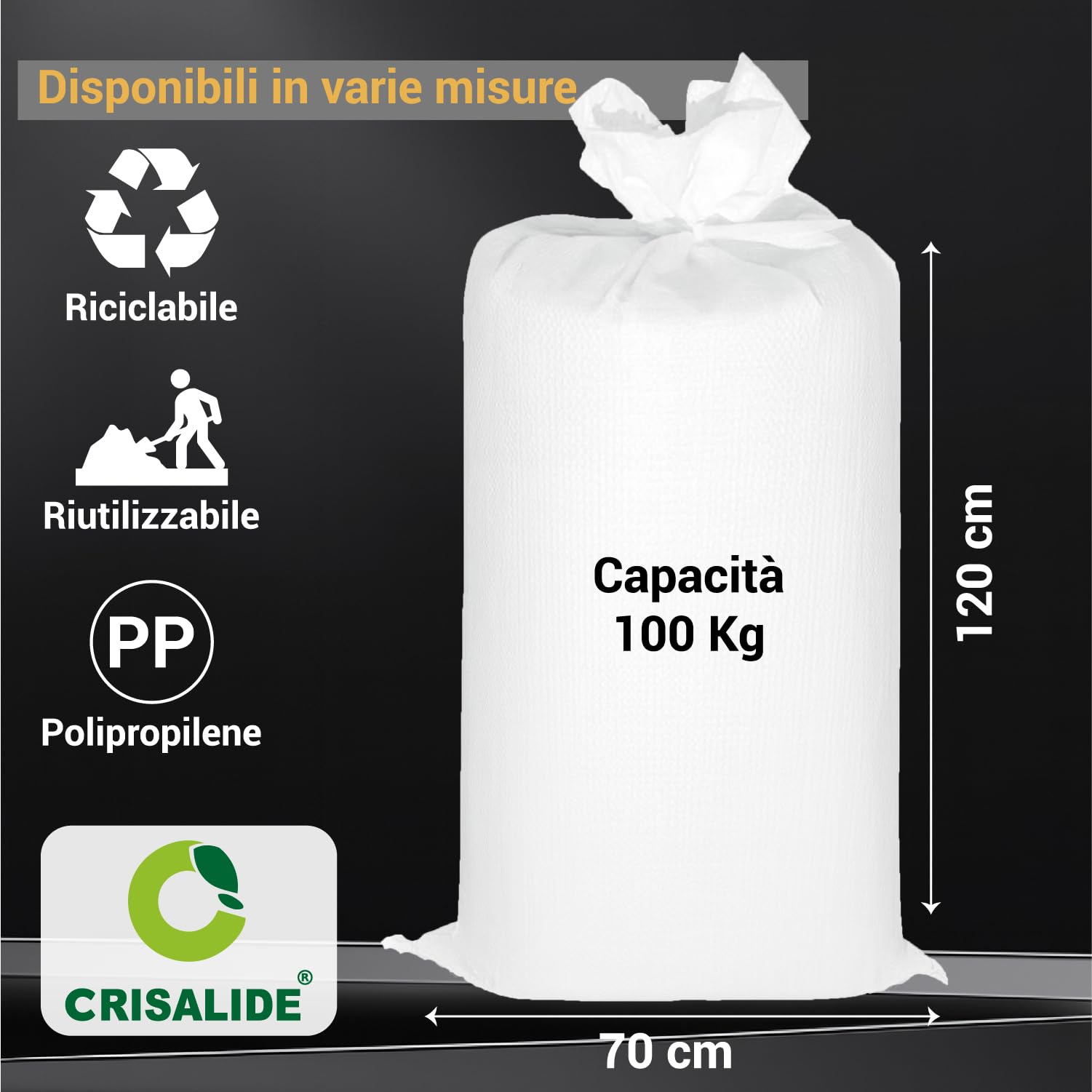 Crisalide Bolsas para escombros de polipropileno – Ultra resistentes, reutilizables, paquete de 10 bolsas + 10 bridas – Disponibles en varios tamaños (10/20/50/100 kg) (100 kg)