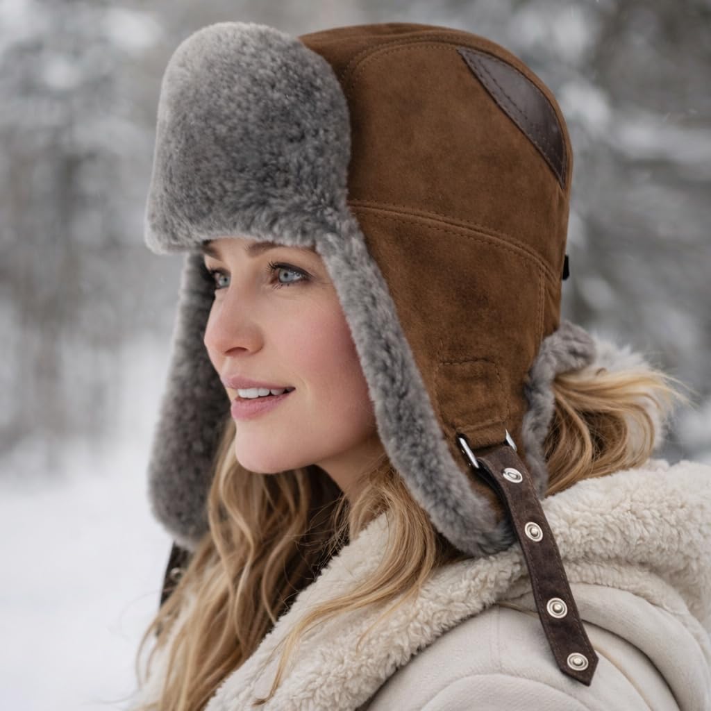 Premium Handmade Shearling Trapper Hat for Men & Women – Genuine Sheepskin Ushanka, Natural Fur Lined, Suede Leather Aviator