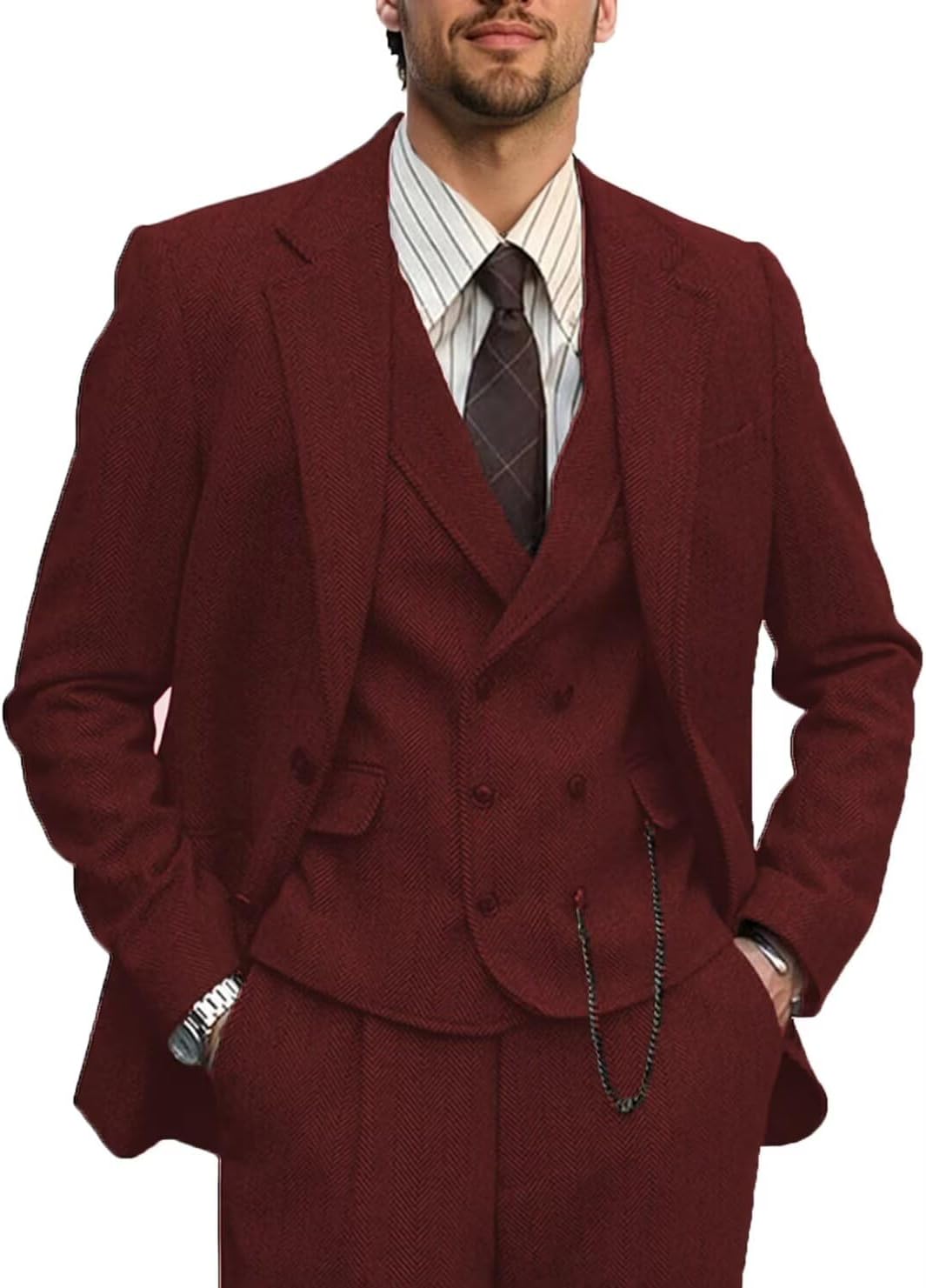 Retro Men Suit 3 Piece Brown Grey Tweed Herringbone Men's Suits Slim Fit Groom Tuxedos Prom Blazer Custom Jacket