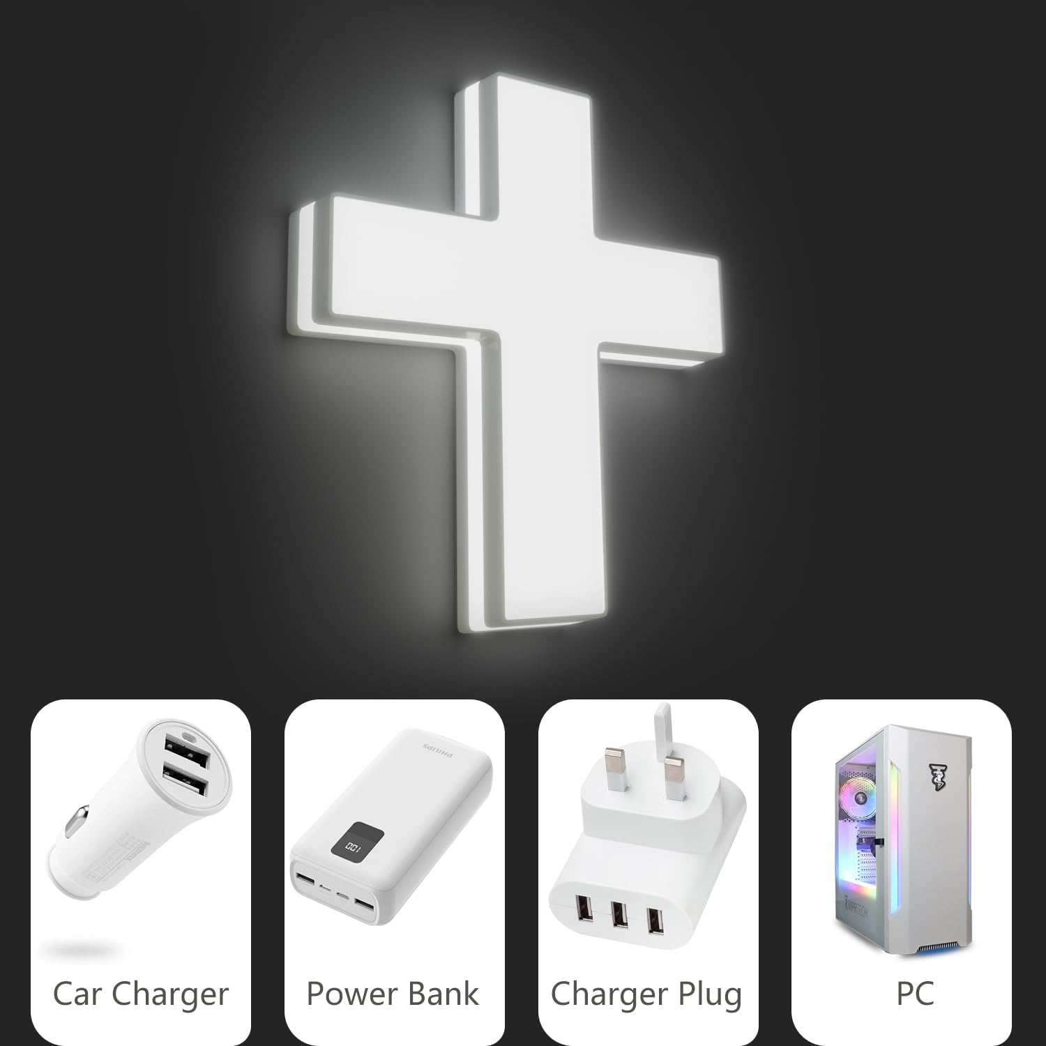 3D LED Neon Cross Sign, USB-Powered Custom Neon Light with 5-Level Dimmer, 5 Color Options, Decorative Wall Art for Home, Bedroom, Church, Party, and Gifts (9x8 in) (Pure White)