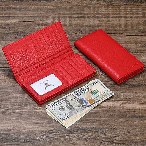 Image of HISCOW Full Grain Leather Men's Long Wallet, 15 Card Slots, Pebbled Red, 6.97 inchH x 3.5 inchW x 0.98 inchD, Classic | Gusseted bill compartment, tall bifold design, clear ID window, ideal for coat pockets or briefcases, turned-edge, gift box
