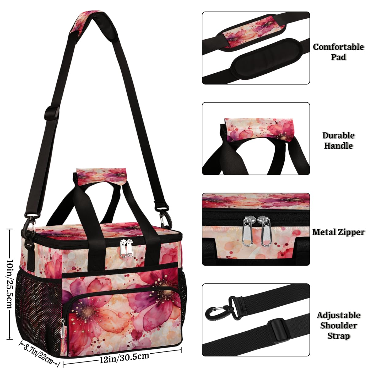 Red Floral Insulated Picnic Backpack Lunch Box for Women Men Picnic Basket Tote Lunch Bag Picnic Bag Portable Lunch Bags for Picnic, Beach, Work, Trip,Office, Camp Abstract Flowers