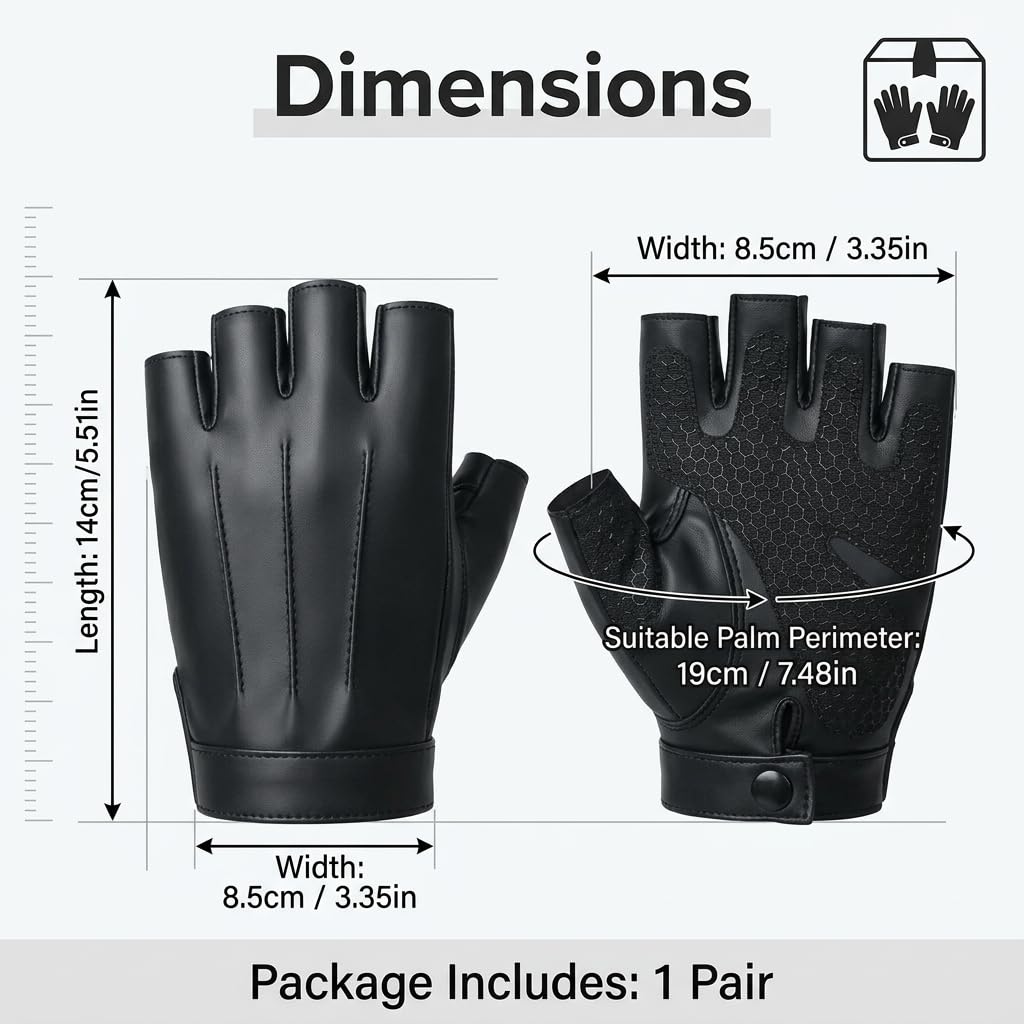 Gants Demi-Doigts en Cuir PU Noir Homme Femme Mitaines Sport Respirantes Conduite Cyclisme Entrainement Paume Antiderapante Taille M