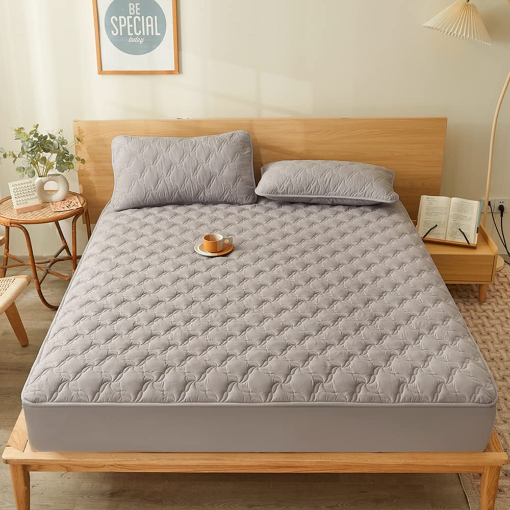 Quilted Fitted Sheet Mattress Pad - Bottom Sheet Mattress Cover, Elastic Fitted Mattress Protector - Deep Pocket - Soft Microfiber-1 Fitted Sheet Only (Gray, Queen)