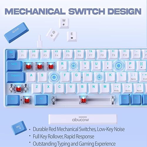 Miniatura 2 de abucow 60% Mechanical Gaming Keyboard, Red Switch Wired Compact Keyboard with Blue Backlight, Swappable Blue White Keycaps, for WindowsMac