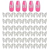 KACHIMOO 50 dijes de uñas de mariposa plateados, dijes de mariposa para uñas acrílicas, accesorios de arte de uñas (plateado)