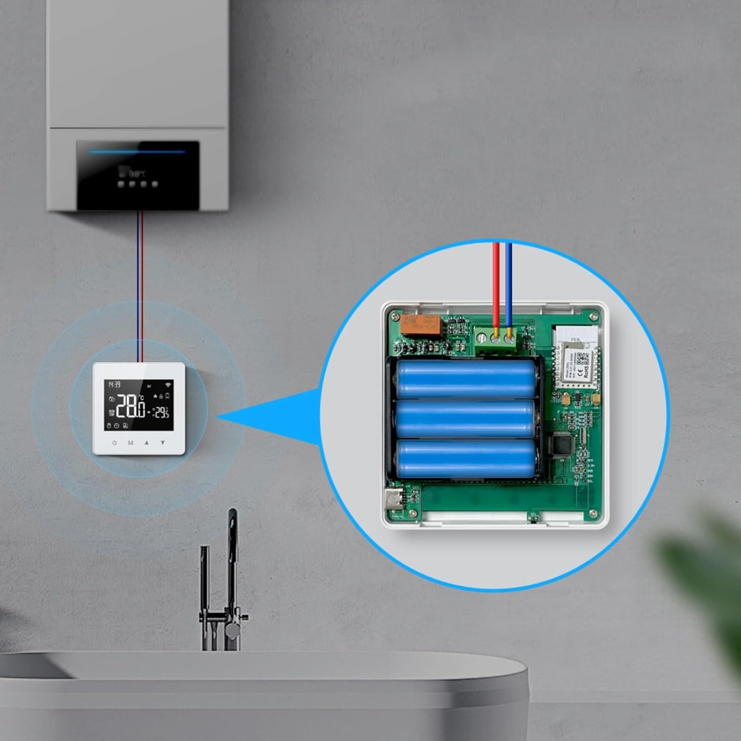 Bezprzewodowy inteligentny termostat, termostat oszczędzający energię, pełna kontrola nad kotłem i ciepłą wodą z dowolnego miejsca, mini termostat do ogrzewania, funkcja wielu pomieszczeń, ł