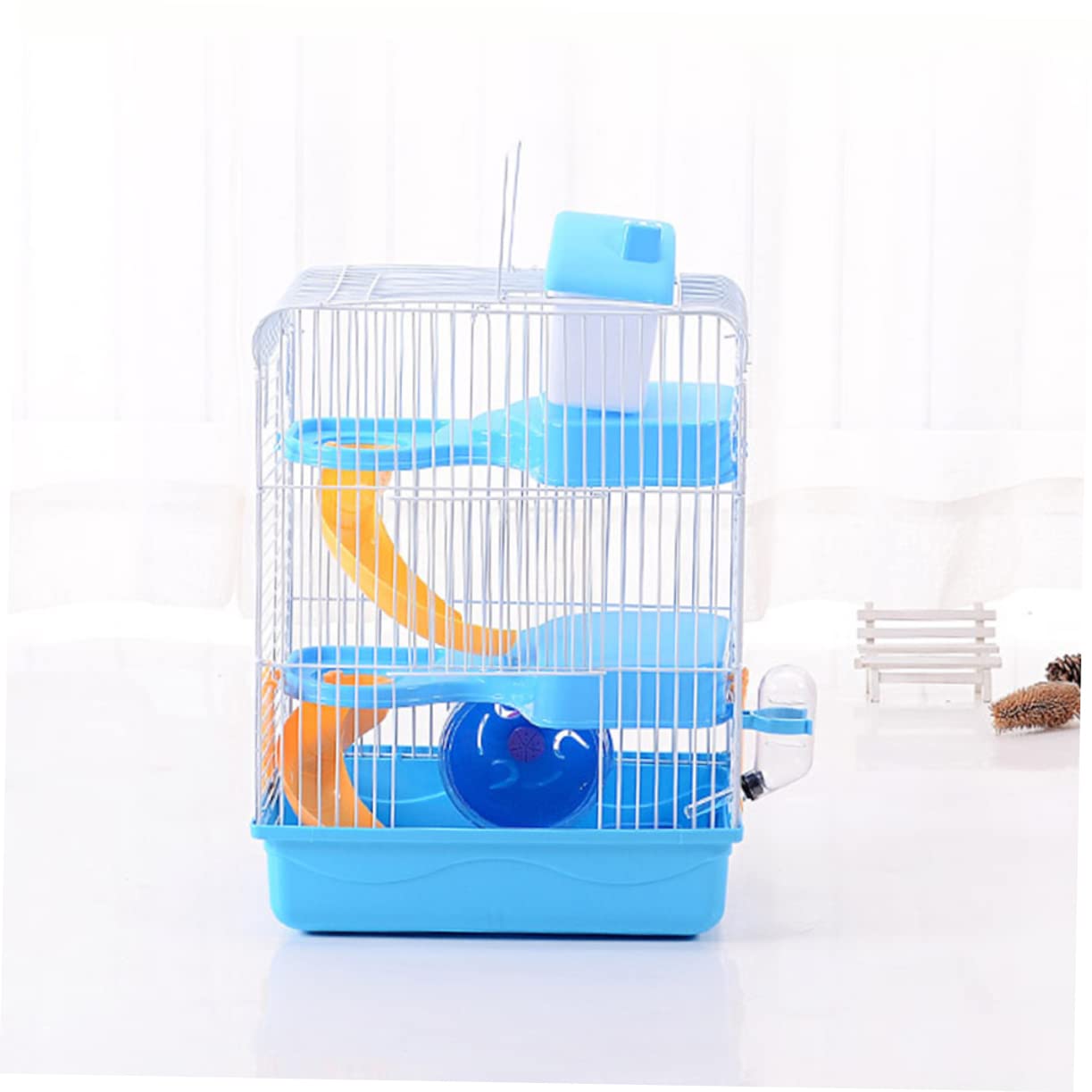 Dreistöckiger Hamsterkäfig Villa Käfig aus Pp und Eisen | 23 X 17x45cm, Blaues Haustierhaus mit Laufrad und Auslaufsicherer Trinkflasche