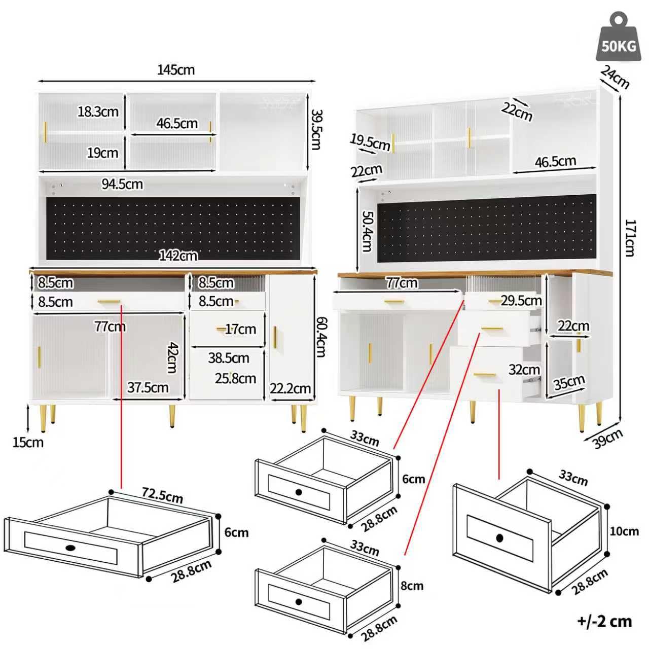 Armadio da cucina, vetrina, con illuminazione a LED, armadio alto con mensole forate, armadio da bar con porta bicchieri di vino e spazio di archiviazione, per cucina e sala da pranzo (bianco
