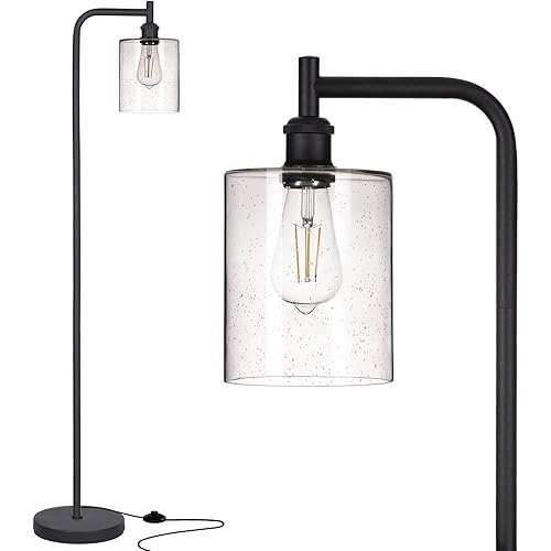 addlon Floor Lamps for Living Room Bright Lighting with Seeded Glass lampshade, Modern Bright Floor Lamp with LED Bulbs Industrial Standing lamp for beroom, Tall Pole Lamps Office - Black