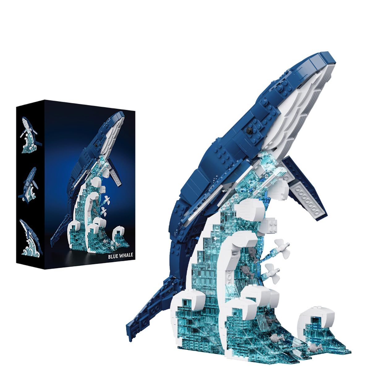 Blauer Wal Bausteine Bausatz, Bewegliches Buckelwal-Modell Wellen-Sockel, Ozean Tier Bauspielzeug für die Heimdekoration, Wandkunst DIY Set Geschenk für Erwachsene(1163 Teile)