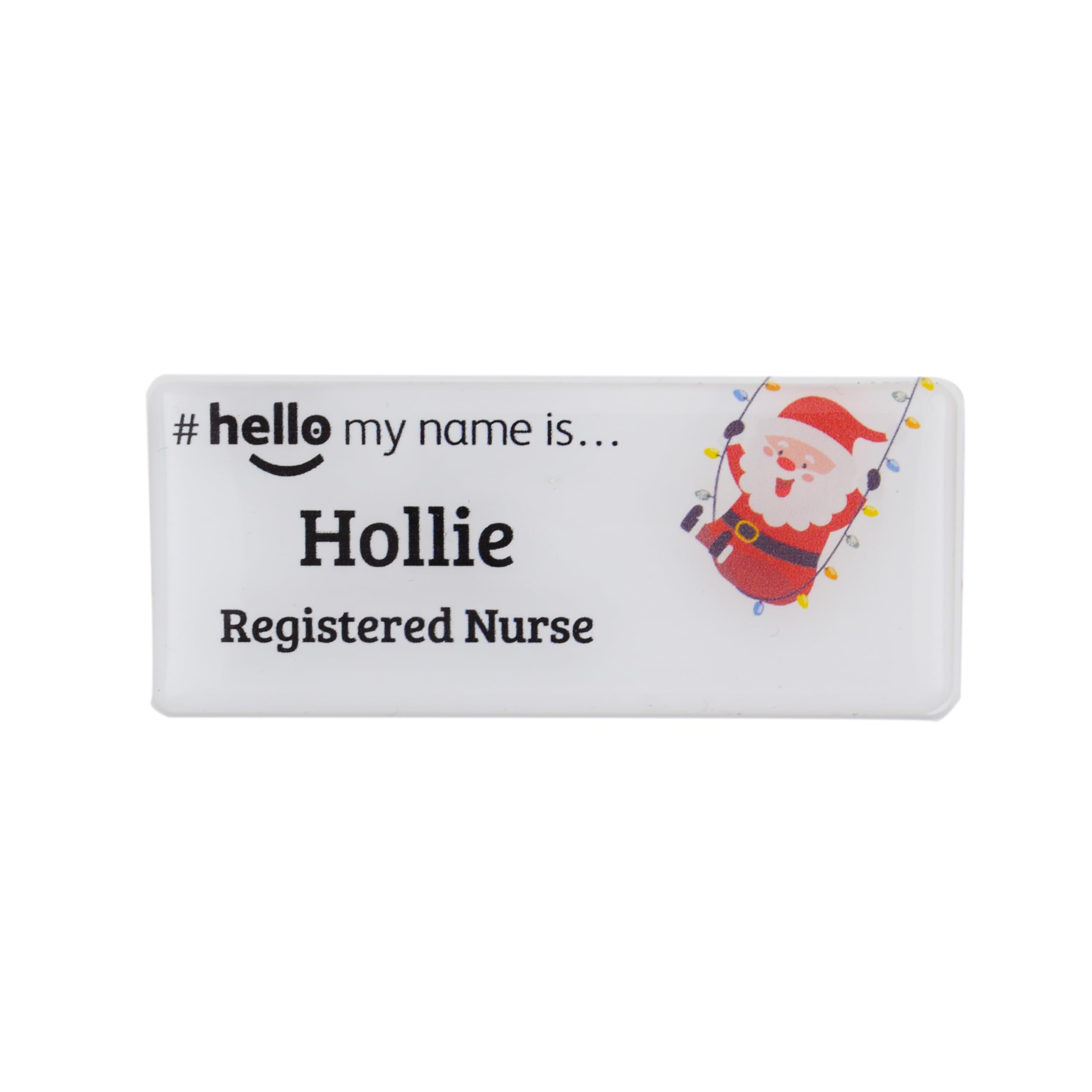 Badgemaster Hello My Name is Christmas Swinging Santa Premium Domed Name Badge GP Practitioner Doctor Healthcare Nurse Medical Staff Clinical Student Assistant White/White 76 x 32mm