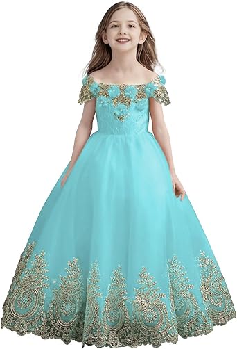 Tulle Flower Girl Dress for Wedding Floral Appliques Pageant Dress Sparkly Sequins Ball Gown Off Shoulder Party Dress