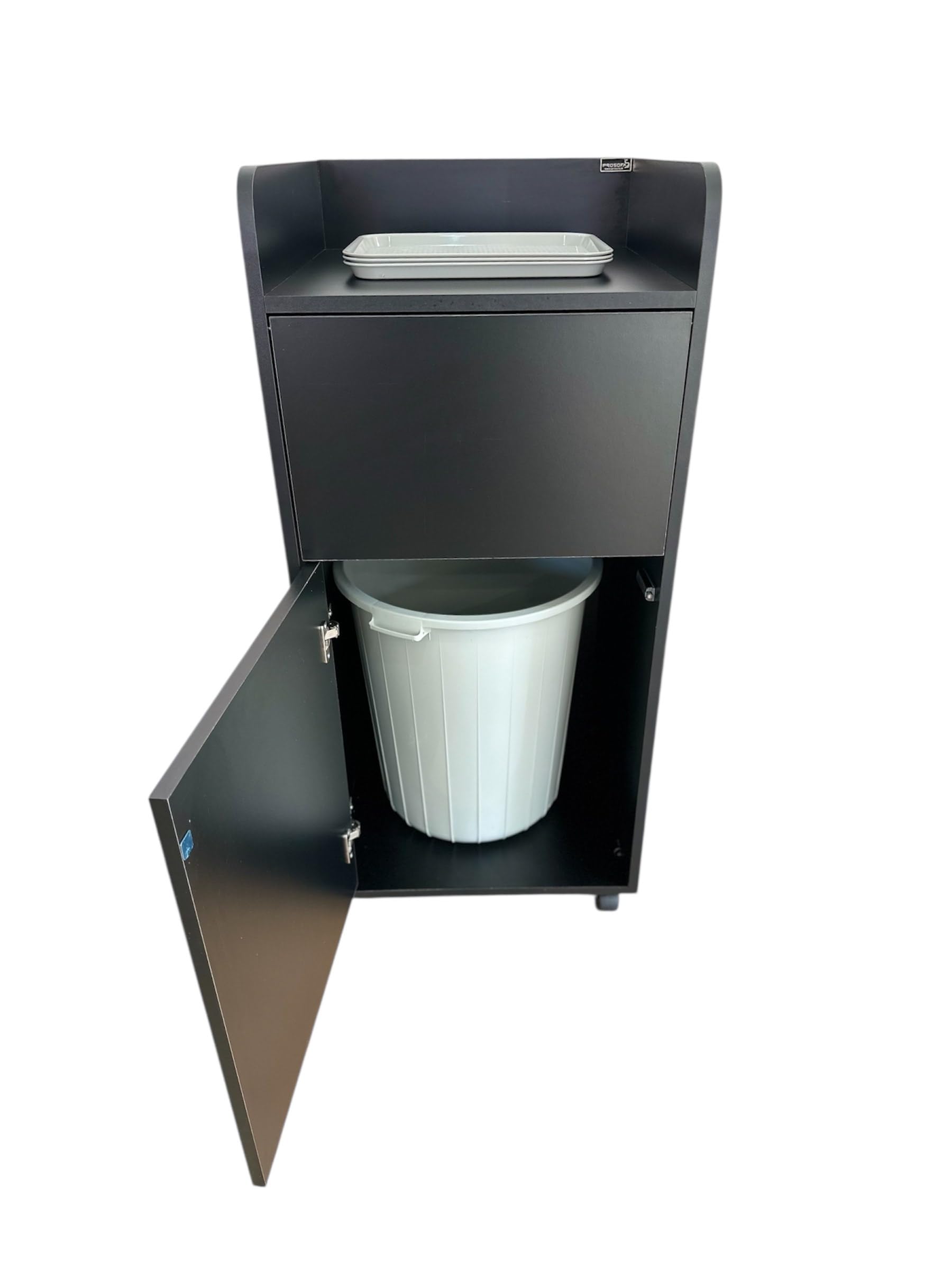 Mueble de basura para comida rápida, aperitivos, cafetería, comida rápida, profesional, horeca, con bandeja de PVC y escotilla basculante, color negro