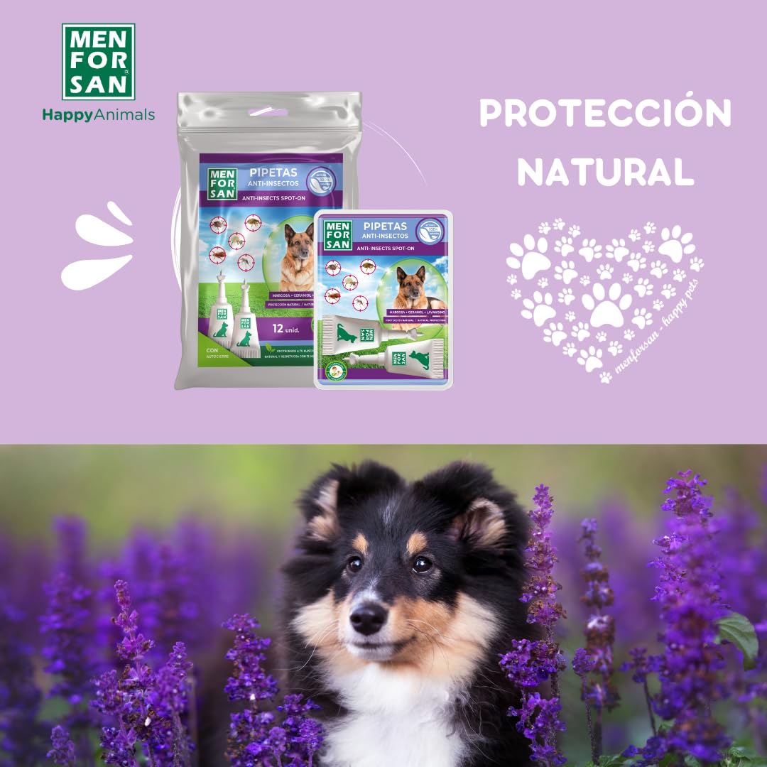 MENFORSAN Pack con 12 pipetas Anti-Insectos para Perros, con Margosa, geraniol y lavandino, con Bolsa autocierre