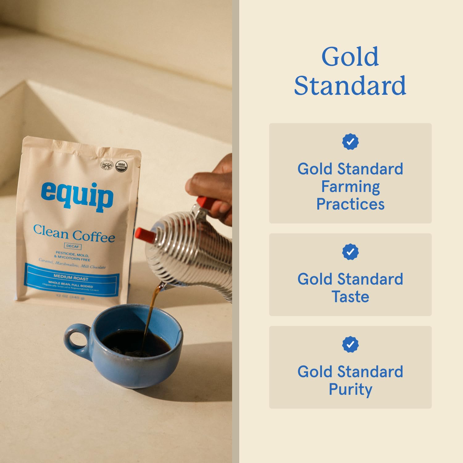 Equip Foods Decaf Clean Coffee | Gold Standard, Certified Organic, Fair Trade, Regenerative | Medium Roast, Whole Bean, Honduras | Caramel+Marshmallow+Milk Chocolate