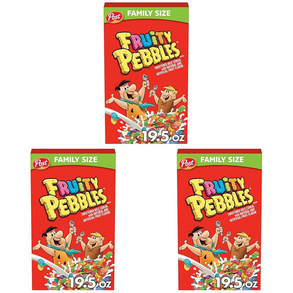 Post Fruity PEBBLES Cereal, Fruity Kids Cereal, Gluten Free Rice Cereal for Kids, 19.5 OZ Family Size Cereal Box (Pack of 3)