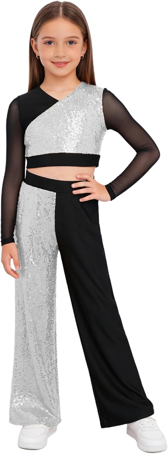 Kids Girls Sequin Street Hip Hop Jazz Dance Outfit Long Sleeve Color Block Crop Top with Wide Leg Pants