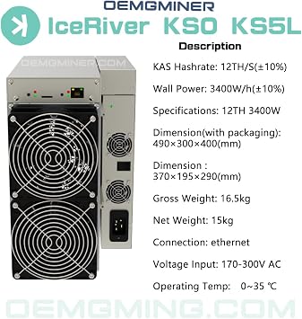 NEW IceRiver KS5L 12T 3400W Kas Miner Kaspa Mining Crypto Miner ASIC Miner Include PSU (IceRiver KS5L 12T)
