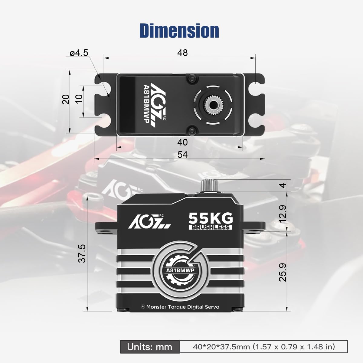 AGFRC 55 kg wasserdichter RC-Servo-Motor mit hoher Drehzahl – 0,087 Sekunden Hochgeschwindigkeits-Bürstenloser HV-Vollmetallgetriebe, digitaler Standard-Lenkservo für 1/8 1/10 RC Auto (A81BMWP)