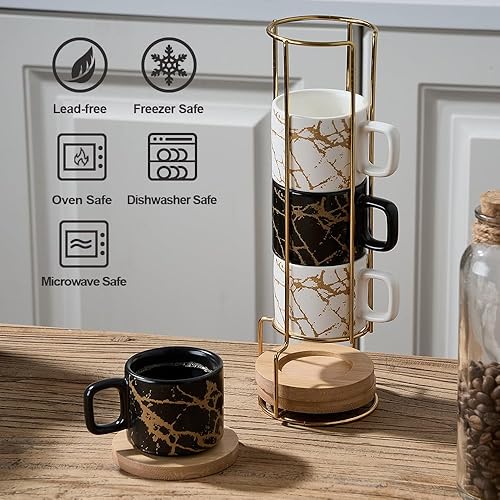 Miniatura 11 de LUKA Taza de café expreso de porcelana con platillo y soporte de metal, 4 onzas líquidas apilables de cerámica Demitasse Espresso tazas para café