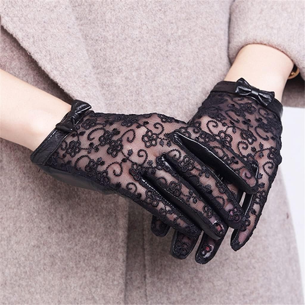 Women's Leather & Lace Gloves Bow Decoration Summer Short for Wedding Prom Banquet Party (Color : Black, Size : S Code)
