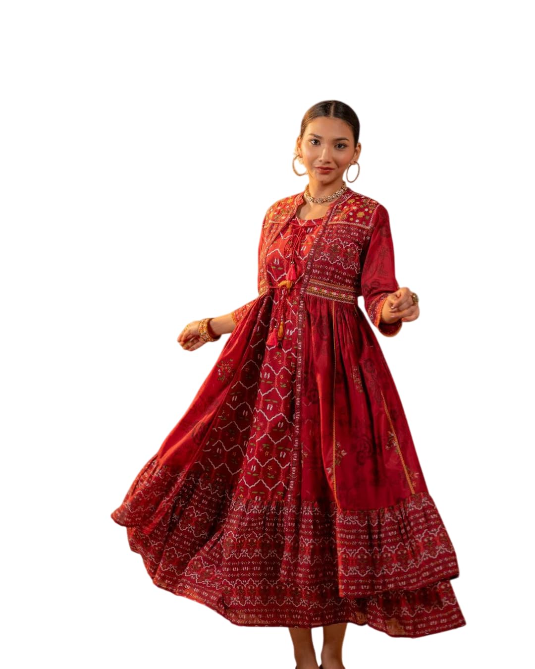 Ethnic Gown for Women | Maroon Ajrakh Printed Anarkali Kurti for Women | Flared Kurta for Women | Jacket Style Long Dress | Cotton Ankle Length Gown-image-12