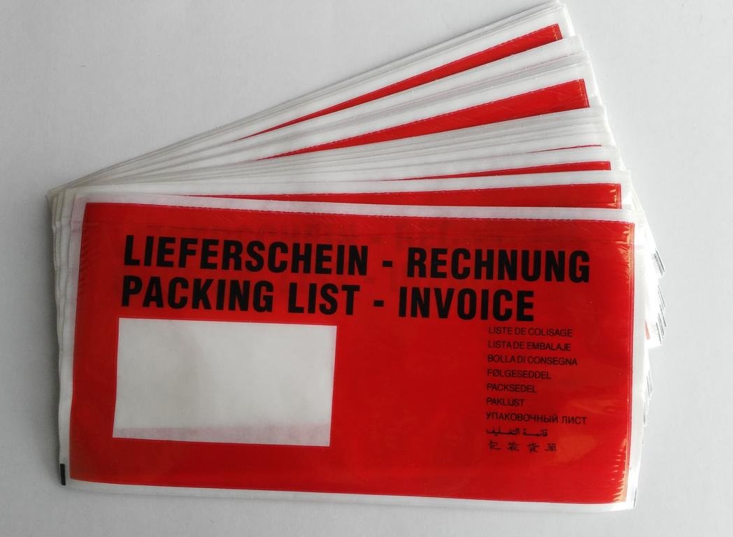 1000 St. Dokumententasche DIN lang 240x125 mm selbstklebende DL Lieferscheintaschen Rechnungstaschen made in EU