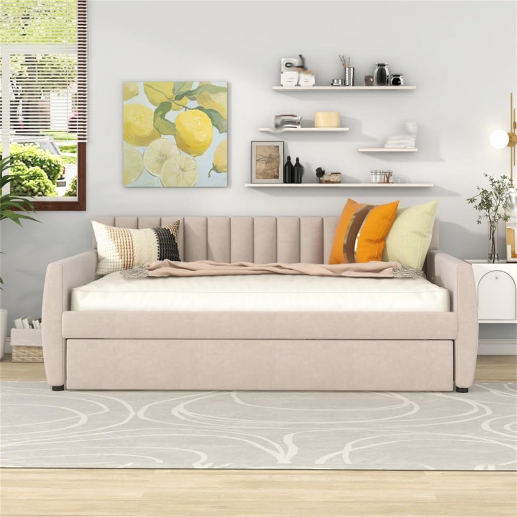 Full Size Upholstered Daybed with Trundle and Wood Slat Support, for Indoor Living Room Furniture