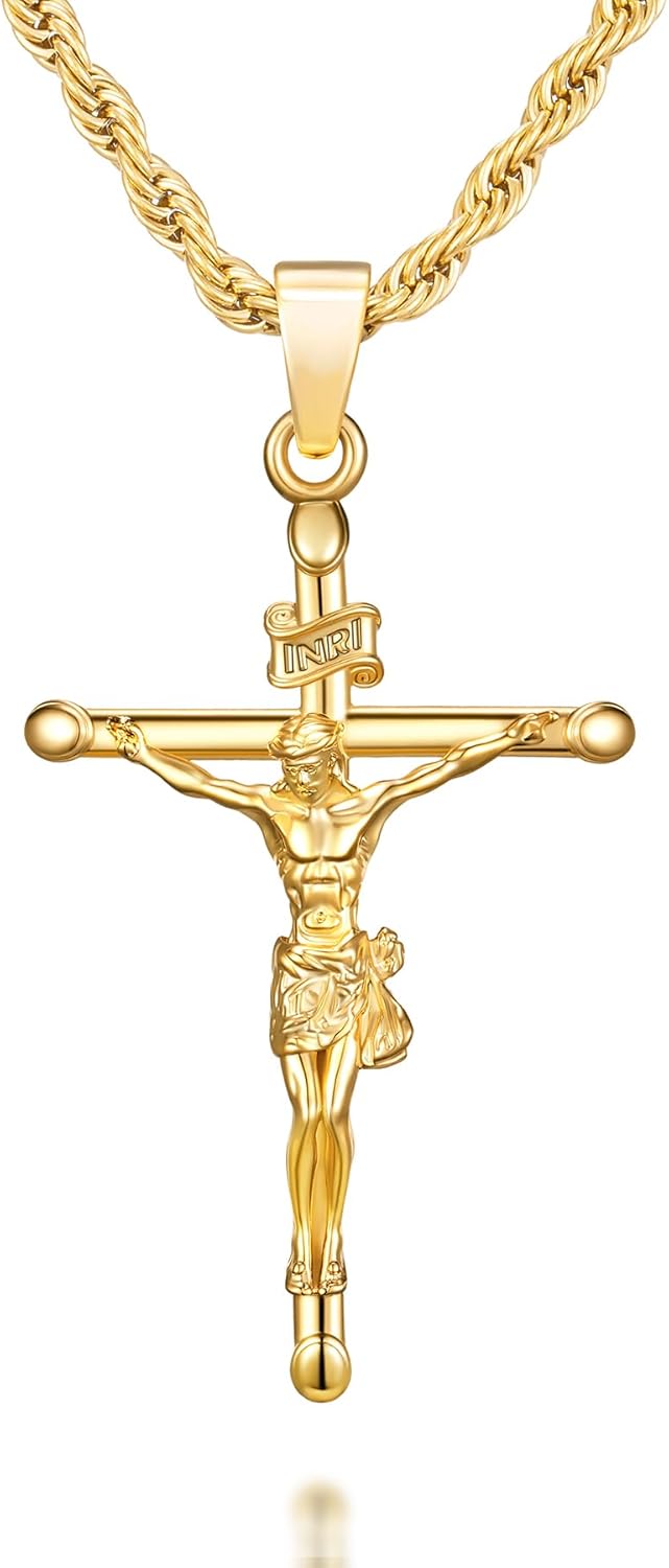 NORBU 18K Gold over S925 Crucifix Necklace for Men with Rope/Cuban Chain, Catholic Jesus Cross Pendant, Men's Religious Gift for Easter Christmas
