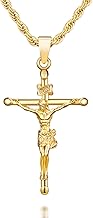 NORBU 18K Gold over S925 Crucifix Necklace for Men with Rope/Cuban Chain, Catholic Jesus Cross Pendant, Men's Religious Gift for Easter Christmas