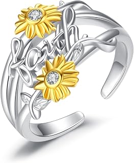Faith Ring Sterling Silver Faith Sunflower Ring 925 Adjustable Wrap Rings Christian Fashion Band Rings Inspirational Sunflower Jewelry Ring for Women Girls