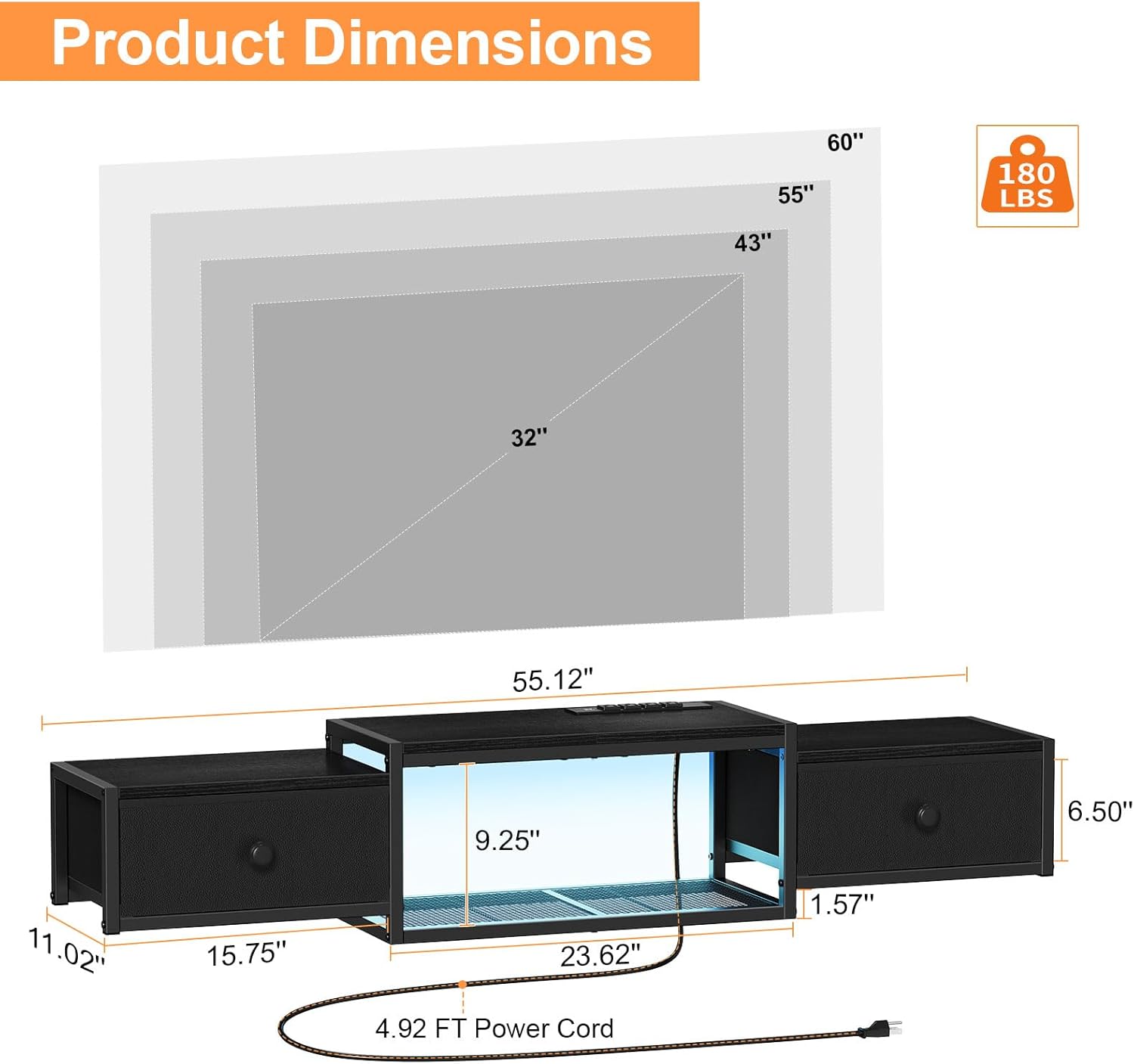 Snughome Floating TV Stand Wall Mounted with Power Outlet 55", Floating Entertainment Center with LED Lights, Floating TV Shelf with Drawer, Wall Mounted Media Console Shelf for Living Room, Bedroom - Image 2
