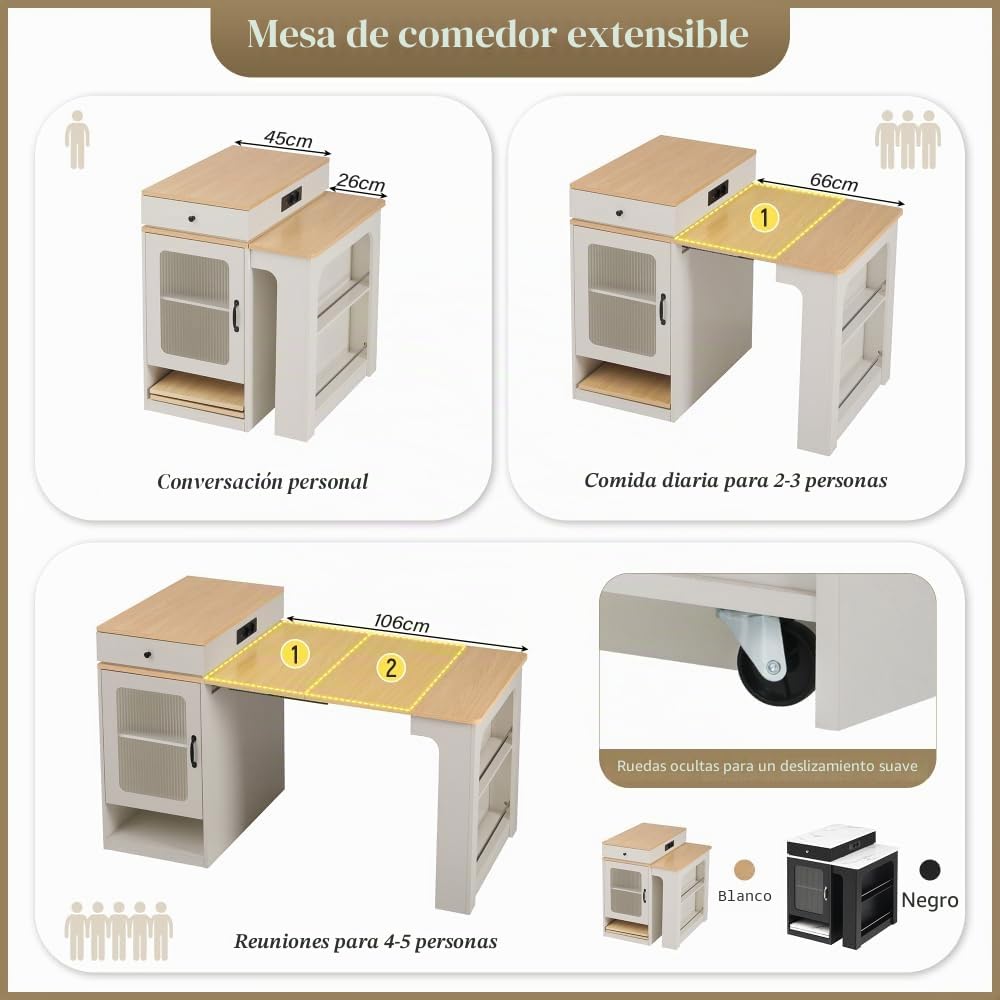 Mueble isla de cocina 71(151) x80x92 cm, mesa de comedor extensible con tablero extraíble, mesa de bar con enchufe múltiple, isla cocina sobre ruedas para comedor (A-blanco + natural)