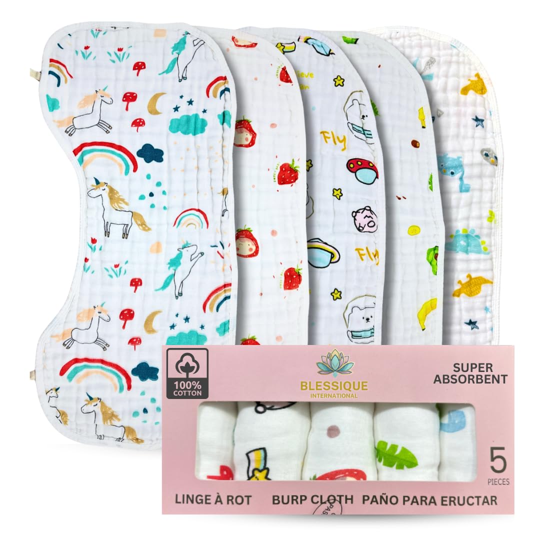 Blessique Baby Burp Cloths 5 Pieces 100% Cotton Muslin Soft Absorbent Burping Cloth for Baby Boy Babygirl, Baby Towels, Baby Girl Newborn Essentials,
