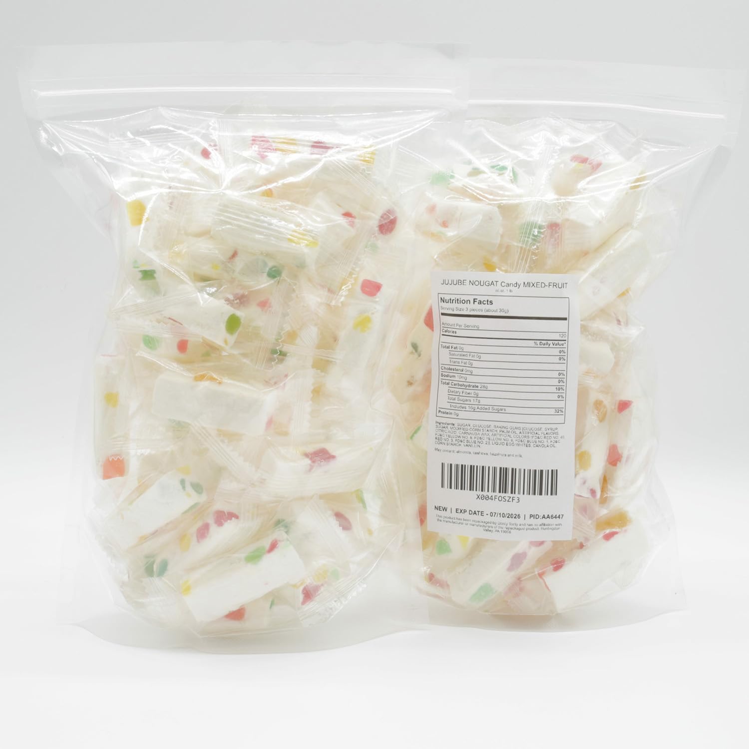 JUJUBE NOUGAT Candy 1 lb – with Jelly Fruit Pieces, No Trans Fats, No Additives, Gluten Free, Individually Wrapped, Bulk Soft Candies in Resealable Bag