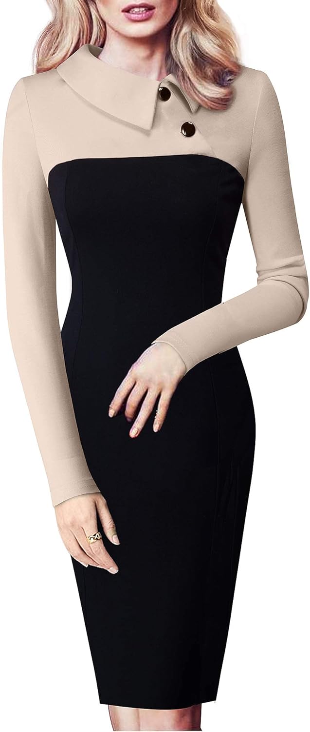 HOMEYEE Women's Retro Chic Colorblock Lapel Career Tunic Dress B238