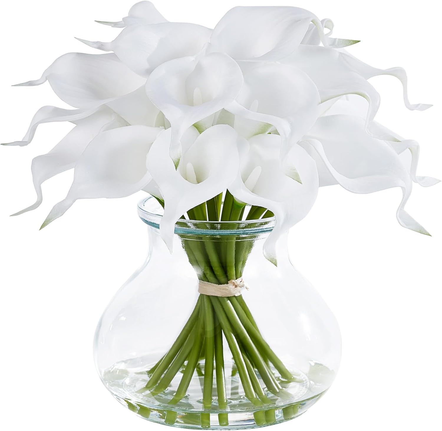 VeriNatural Calla Lily Artificial Flowers with Vase, 10" Faux Calla Lilies Arrangements in Glass Vase with Faux Water,19 Pcs PU Fake Calla Lily Stems Real Touch for Home Table Kitchen Wedding Decor