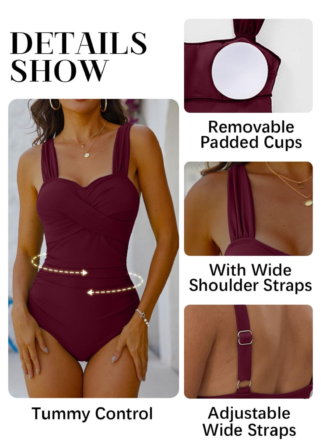 CheChury Costume Intero Donna Modellante Costumi Interi da Bagno Push Up Scollo a V Costume da Bagno Intero Donna Curvy Controllo della Pancia Monokini Costumi Piscina Beachwear Swimwear Sportivo - 5