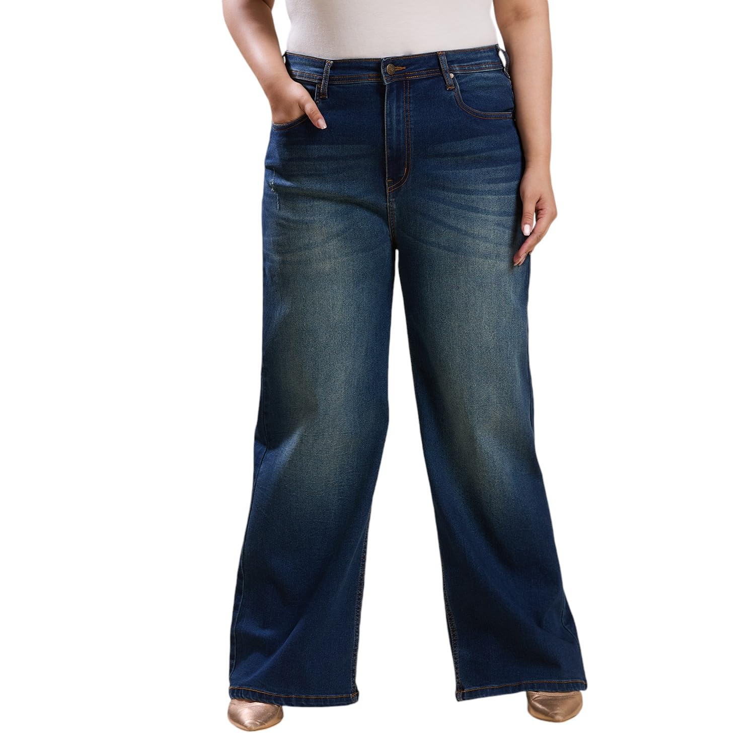 turning blue Women’s High Rise Plus Size Mid Blue Wide Leg Jeans-picture-11