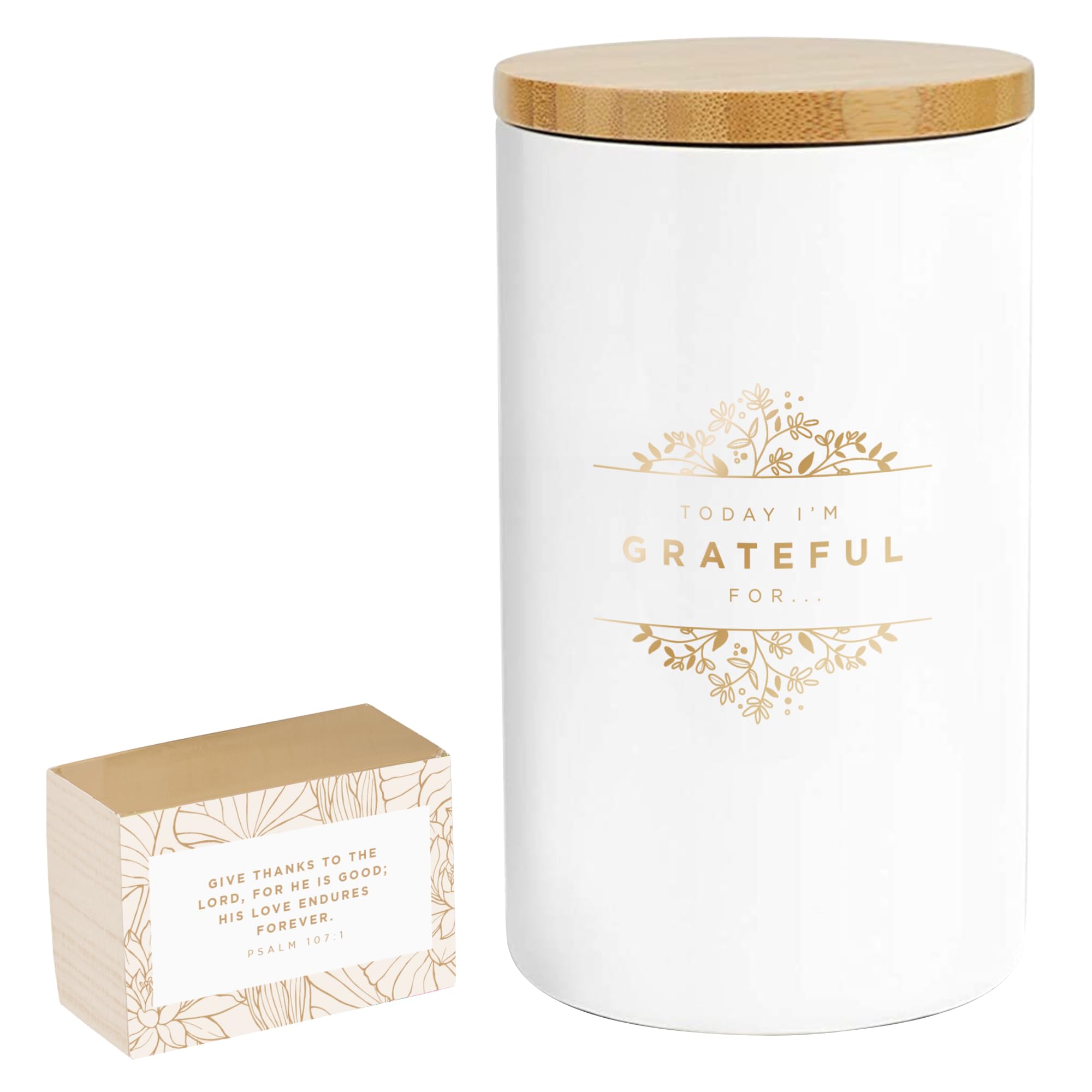 Christian Art Gifts White,Gold Keepsake Count Your Blessings Gratitude Jar Set W/Bible Verse Note Cards, Today I'm Grateful For, White Ceramic With Gold
