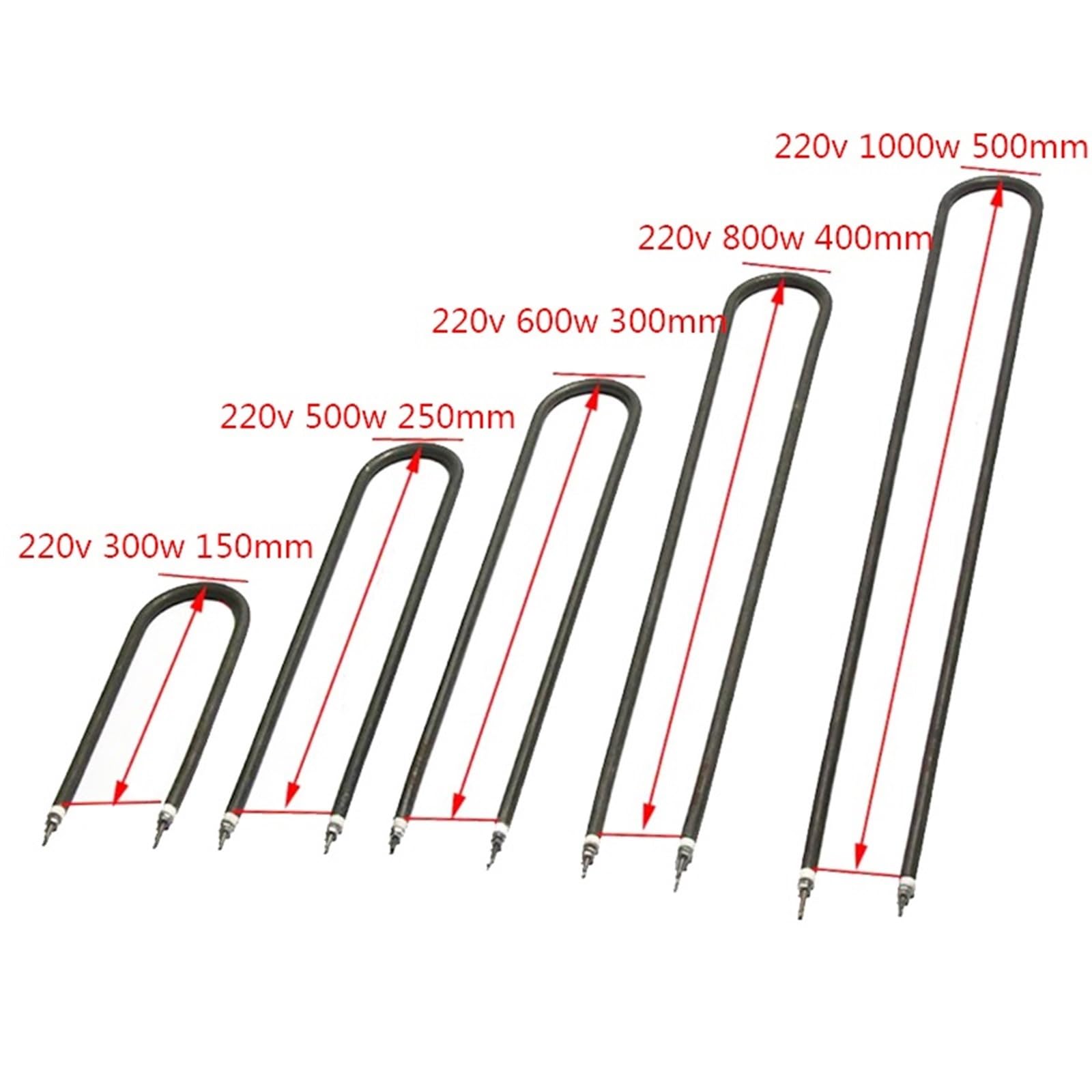 220 V elektrisches U-förmiges Heizelement, Edelstahl-Heizung, 300 W, 500, 600, 800, 1000, grüne Röhre, 1 Stück(Silver,220V_500W 250MML)