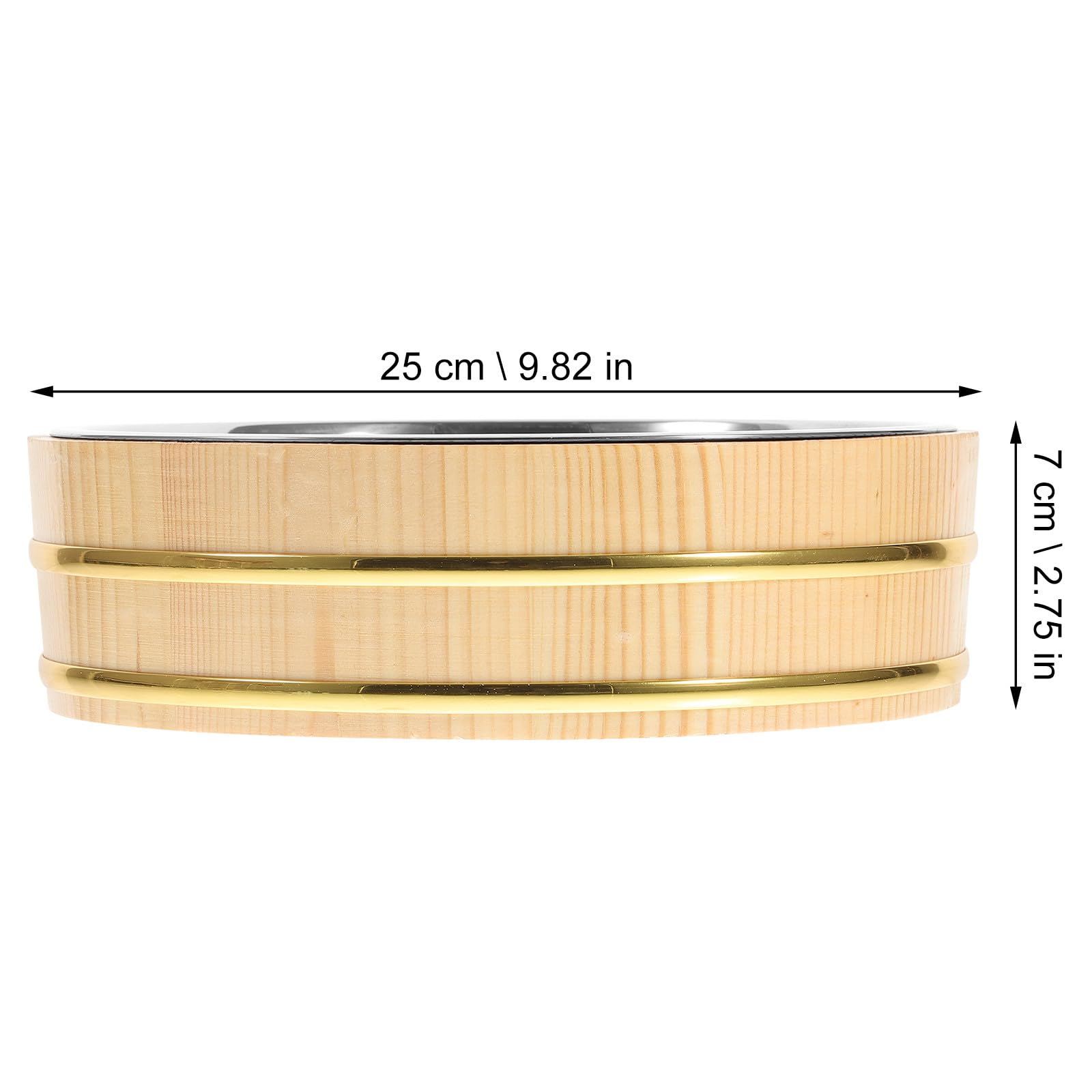 IMIKEYA Cubo de Arroz para Sushi Japonés de 25 Cm Base de Madera Natural y Recipiente Interior de Acero Inoxidable, Plato para Bibimbap, Mariscos y Uso en Restaurante o Cocina Casera