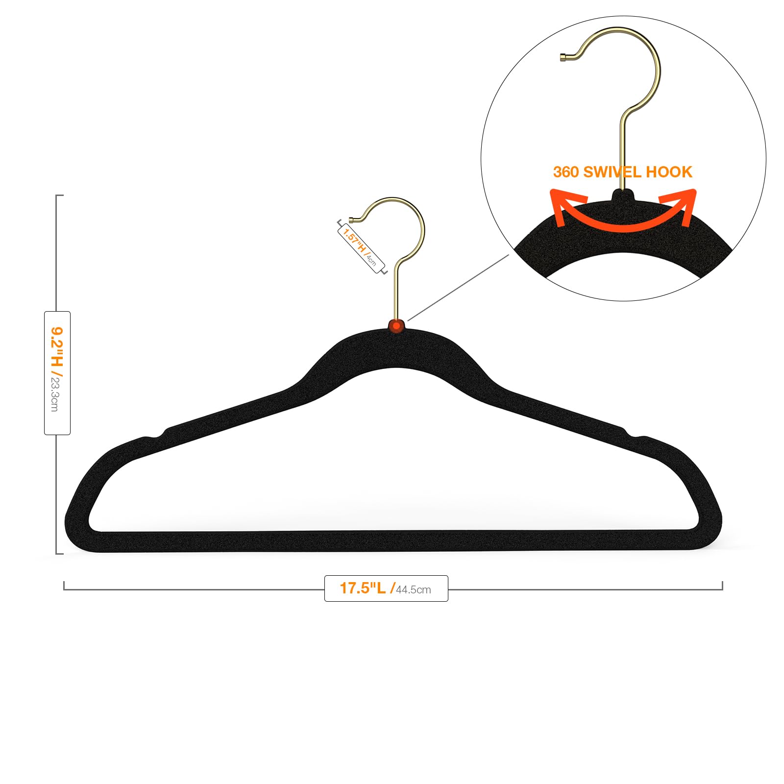 Korpai Kleiderbügel aus schwarzem Samt, rutschfest, strapazierfähig, platzsparend, schmale Kleiderbügel für Hosen, Outfits, Röcke, Anzüge, Mäntel, Kleider usw., Filz-Kleiderbügel mit goldfarbenem